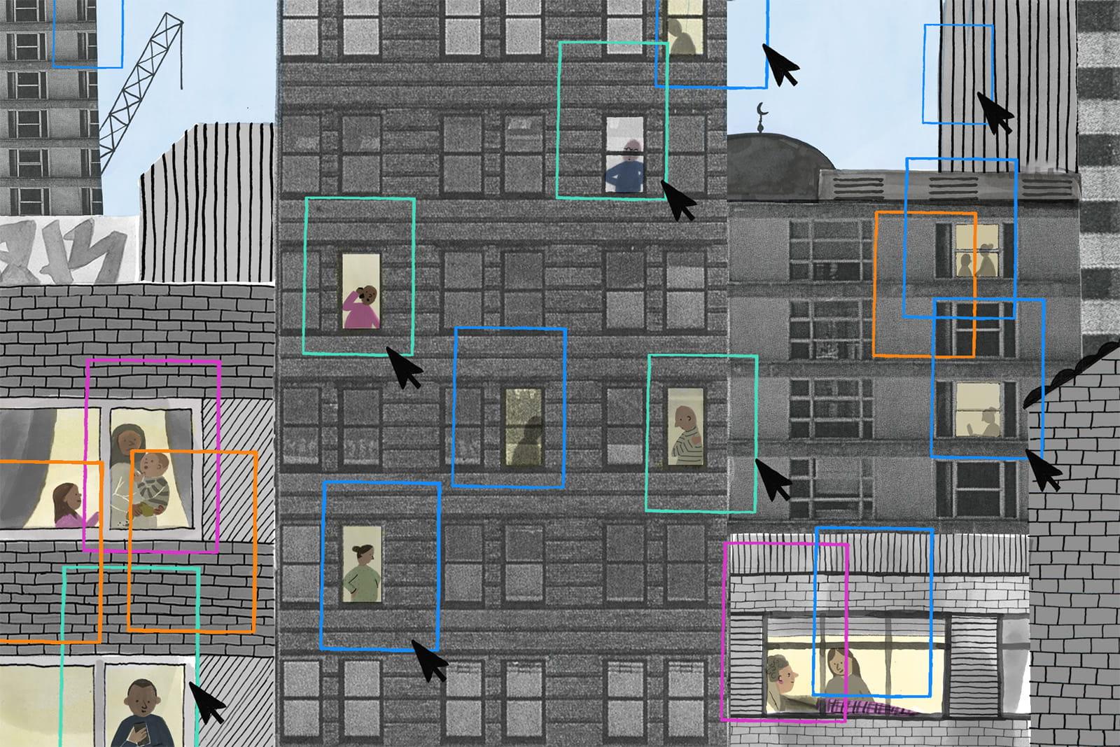 Building blocks are overlayed with digital squares that highlight people living their day-to-day lives through windows. Some of the squares are accompanied by cursors.