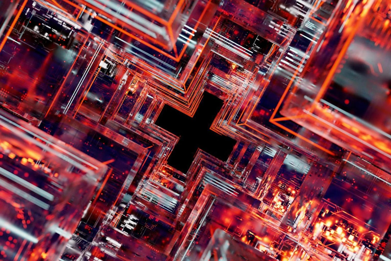 Abstract design featuring a red and black cross on a black backdrop, highlighting the contrast and geometric shapes.